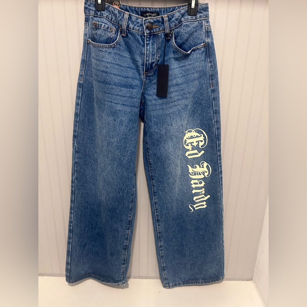 Ed Hardy Blue Women Jeans with Colorful Tattoo Design - Picture 2 of 4